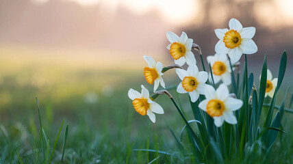 White and Yellow Daffodils in a Green Field