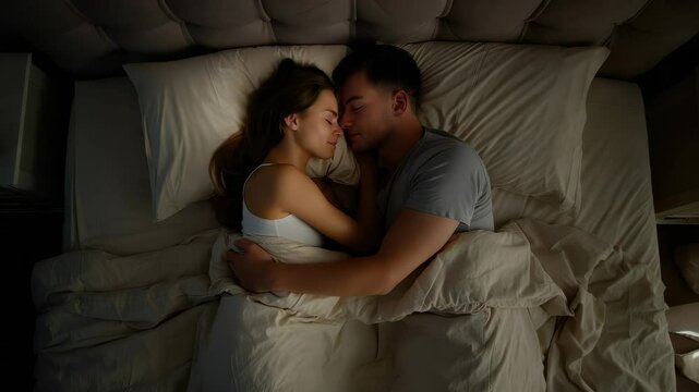 Young couple sleeping soundly in bed at night, embracing each other tenderly under the covers, finding comfort and intimacy in their shared sleep