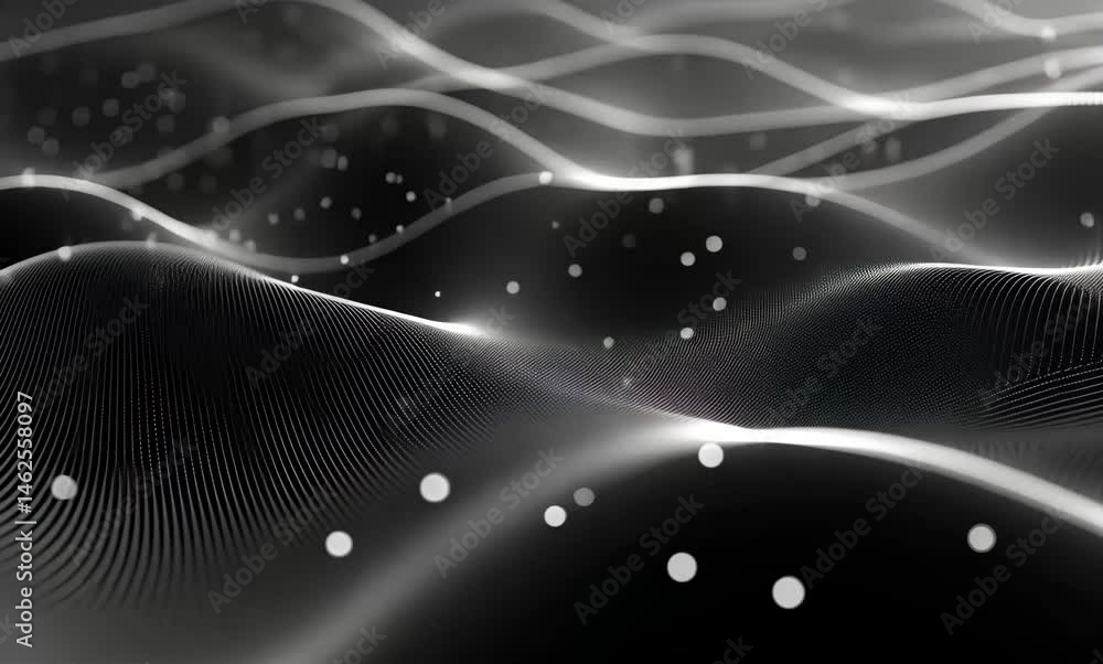 Poster dynamic waves of particles create mesmerizing patterns in a black and white digital landscape