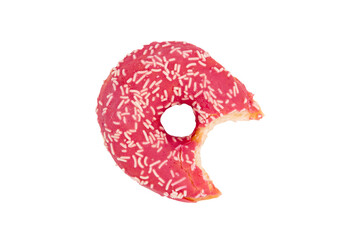 Donut rouge croqué avec confettis blanc vue de dessus au format PNG pour incrustation
