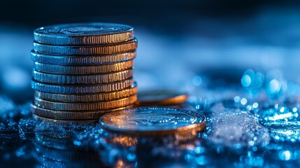 Icy blue light illuminating a stack of coins, cold hard cash concept