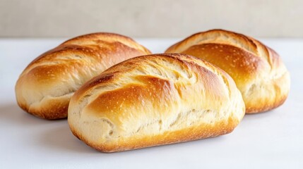 Three artisanal loaves of bread.  Golden-brown crust, soft interior