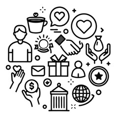 A collection of black and white line icons representing charity, support, and donation on white background