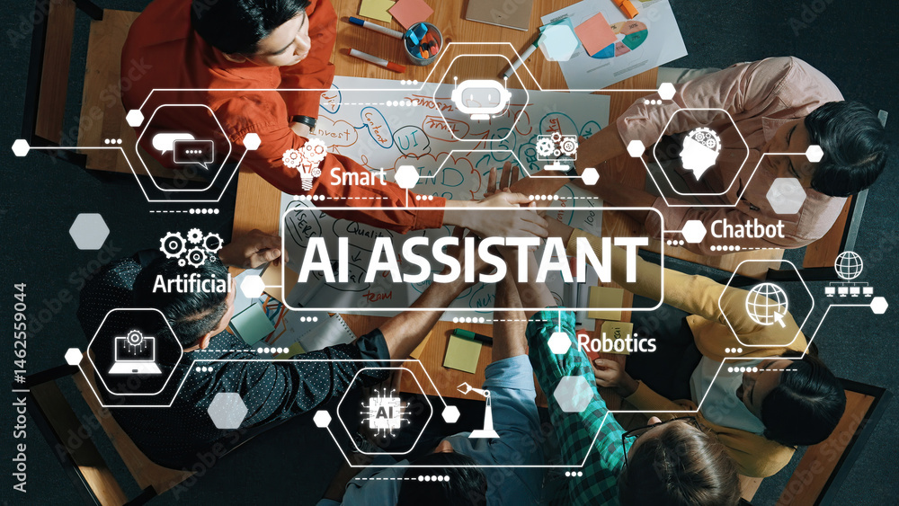 Aufkleber a diverse team collaborates around a table, developing concepts for ai assistants, showcasing elemen