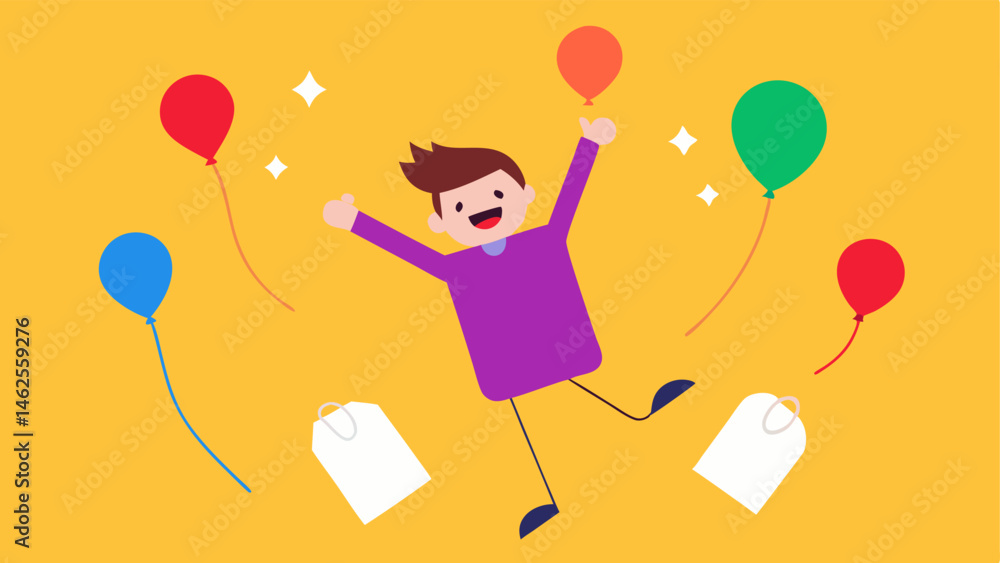 Poster jumping for joy a joyful price tag caught midjump arms raised high surrounded by floating sale ballo