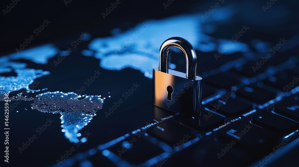Poster internet security concept metal padlock on a keyboard with a digital world map