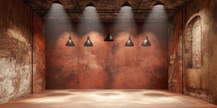 Rustic interior space with spotlights and terracotta walls.