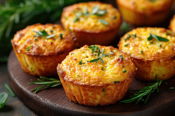 Plate of mini muffins topped with herbs on a rustic wooden table.