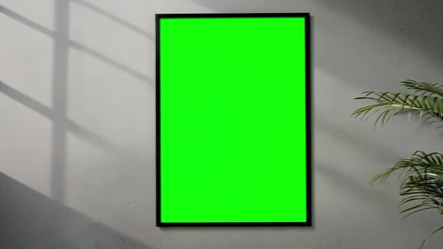 Minimalist mockup of a poster in a black frame, set against a gray wall with natural light and a plant, animation, transparent 4K video, green screen