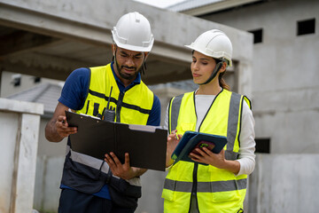 man civil engineer and woman architect wearing blue safety helmet meeting at contruction site. Working outdoors in all weathers, tough work in construction industry.