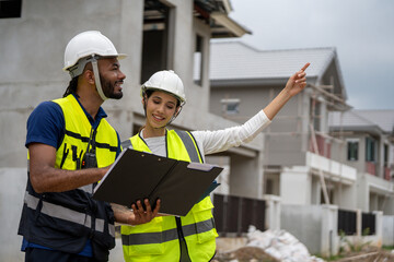 man civil engineer and woman architect wearing blue safety helmet meeting at contruction site. Working outdoors in all weathers, tough work in construction industry.