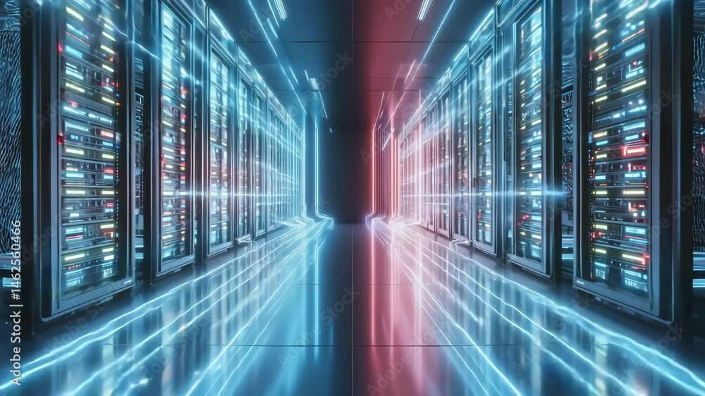 Aufkleber exploring a futuristic data center with vibrant lighting and advanced technology during a high-tech 