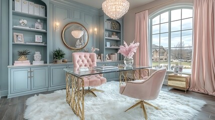 Glam office with pink velvet chairs high resolution image