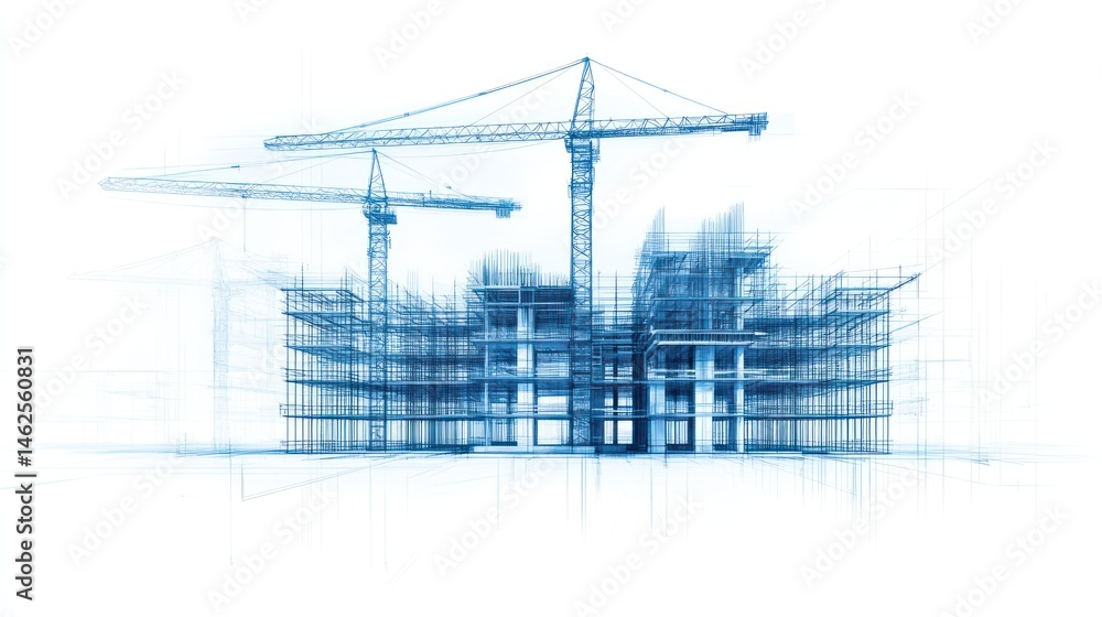 Poster building construction blueprint sketch with cranes architectural engineering project