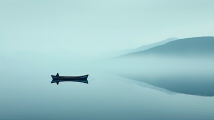 Serene lake scene with a lone boat Misty morning tranquility