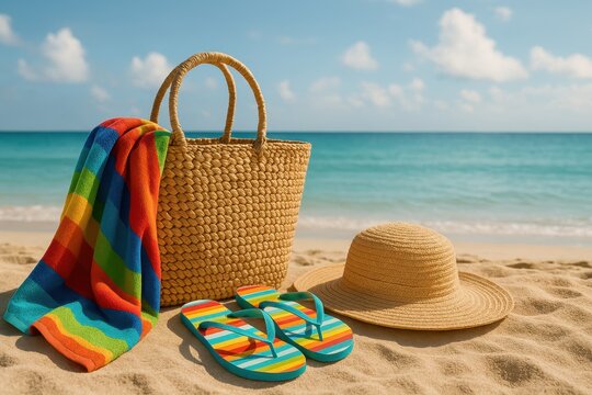 A vibrant beach scene featuring a woven straw tote bag, rainbow-striped towel, colorful flip-flops, and a wide-brimmed straw hat resting on golden sand. It evokes a sense of warmth, relaxation, fun