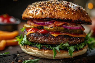 A loaded hamburger with generous fillings of meat and colorful vegetables, perfectly assembled in a brioche bun.