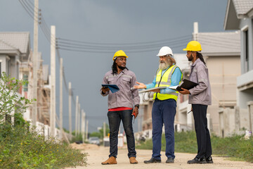 Structural engineer and worker working with blueprints discuss at the construction site. Engineers on building site. Two worker or labor and one engineer are reviewing the project. Architecture.