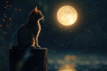 Cat sitting on wooden post, gazing at moon.
