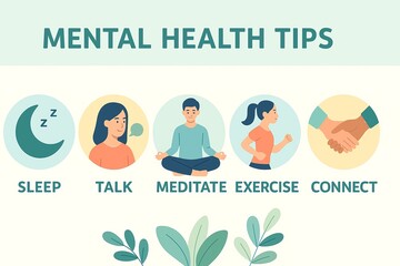 Simple infographic showing five mental health tips: sleep, talk, meditate, exercise, and connect, with related illustrations.
