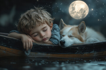 Little boy and dog sleeping in boat: A peaceful scene of childhood companionship and rest against a serene lake backdrop.