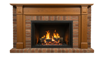 Isolated Brick Fireplace with Burning Logs