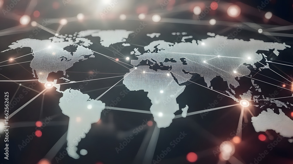 Poster global interconnectedness visualized on a digital sphere.