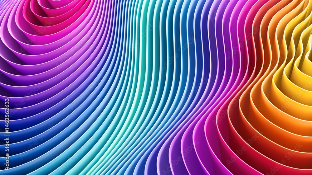 Poster 3d rendering of colorful abstract waves forming a dynamic layered pattern. bright rainbow palette, s