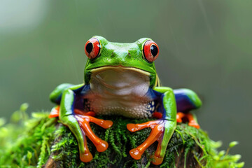 Obraz premium Close up colorful tree frog on mossy rock