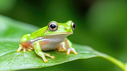 Naklejka premium A close-up of a vibrant green frog sitting on a lush green leaf, detailed texture and natural setting, and wildlife photography concept.