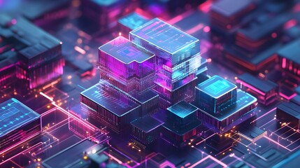 Abstract digital city structure with vibrant hues.