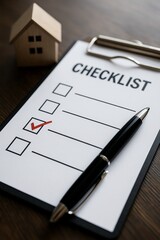 A checklist with a pen and a small house model on a wooden desk, symbolizing task completion and home-related planning.