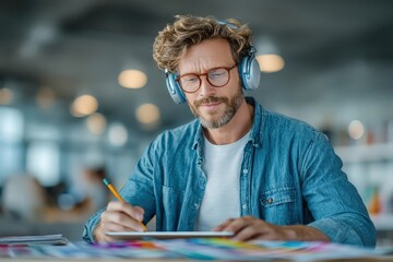 Creative Designer Sketching App Screens on Digital Tablet in Modern Workspace