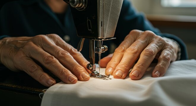 Close up view of sewing process. Senior woman's hands with sewing machine and white fabric at workplace. Hobby or professional occupation for retiree