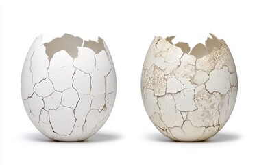 Two cracked eggshells, one lighter, one darker, against a white background.  The shells are similar in shape and size, but show different levels of cracking and discoloration