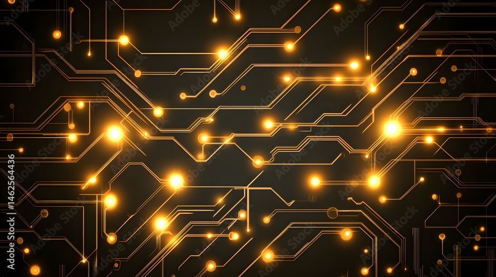 Poster abstract digital circuit board design with glowing lines.