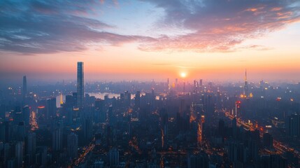 Fototapeta premium Aerial cityscape view of a vibrant metropolis at sunrise, showcasing numerous skyscrapers and the soft hues of dawn.
