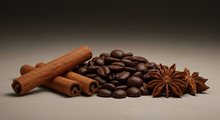 Photorealistic still life composition featuring a small pile of dark roasted coffee beans alongside two whole cinnamon sticks and a star anise. Perfect for cafe menus featuring spiced coffees