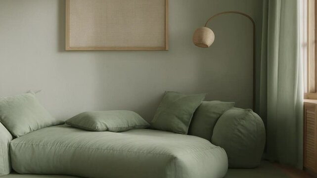 Minimalist japandi and wabi sabi style living room with sage cushioned seating area, rustic rug and light wood lighting. Japanese style zen interior in neutral and sage. Natural materials.