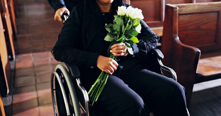Funeral, grief and person with wheelchair at church, mourning and flowers for memorial service and...