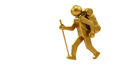 Isolated Golden Hiker Figurine with Backpack and Trekking Pole