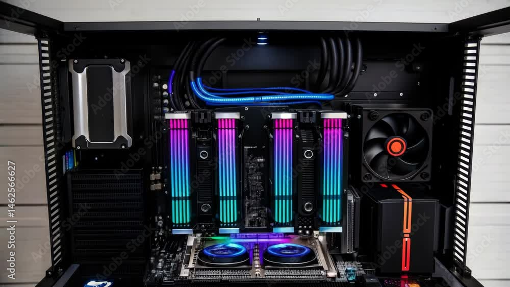 Poster a high-performance computer setup featuring vibrant rgb lighting, showcasing advanced cooling and po