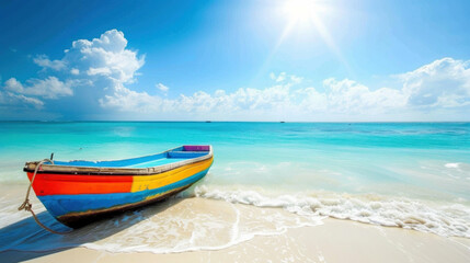Obraz premium Colorful boat on tropical sandy beach sunny seascape summer vacation relaxation