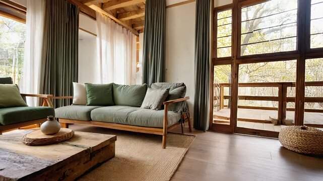 Minimalist japandi and wabi sabi style living room interior in light, neutral and sage colors with rustic coffee table and sage couch