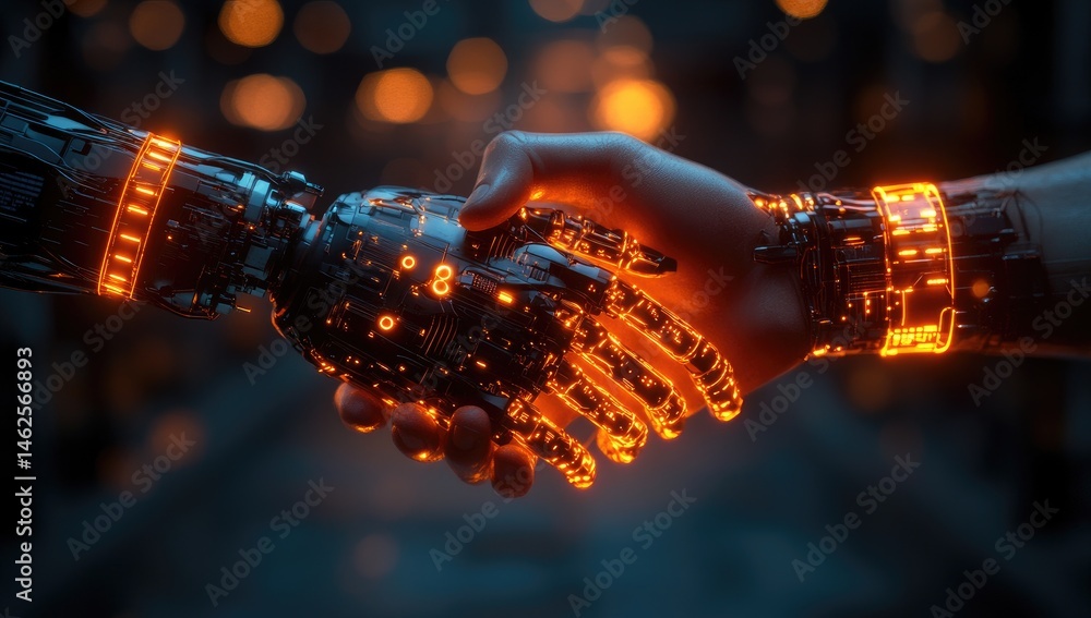 Poster technological partnership human and robot handshake with glowing circuits on dark background