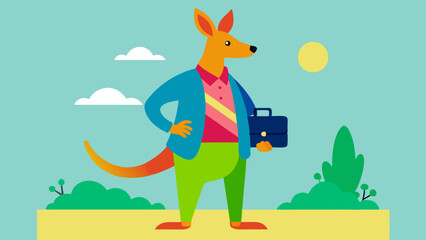 Kangaroo with a Laptop Bag This illustration features a lively kangaroo with a friendly smile wearing a casual business outfit a blazer over a colorful shirt. It carries a