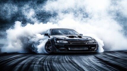Black sports car drifting in smoke
