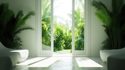 Tropical View Luxurious Room with Open Doors to Lush Jungle
