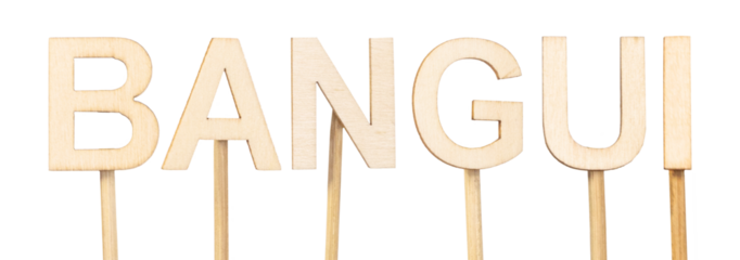 Bangui, capital of Central African Republic, shown with light wooden letters on a white background, clean typographic focus