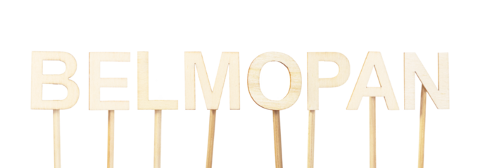 Name of Belmopan, capital of Belize, in natural wood letters on white background, ideal for informative or educational context